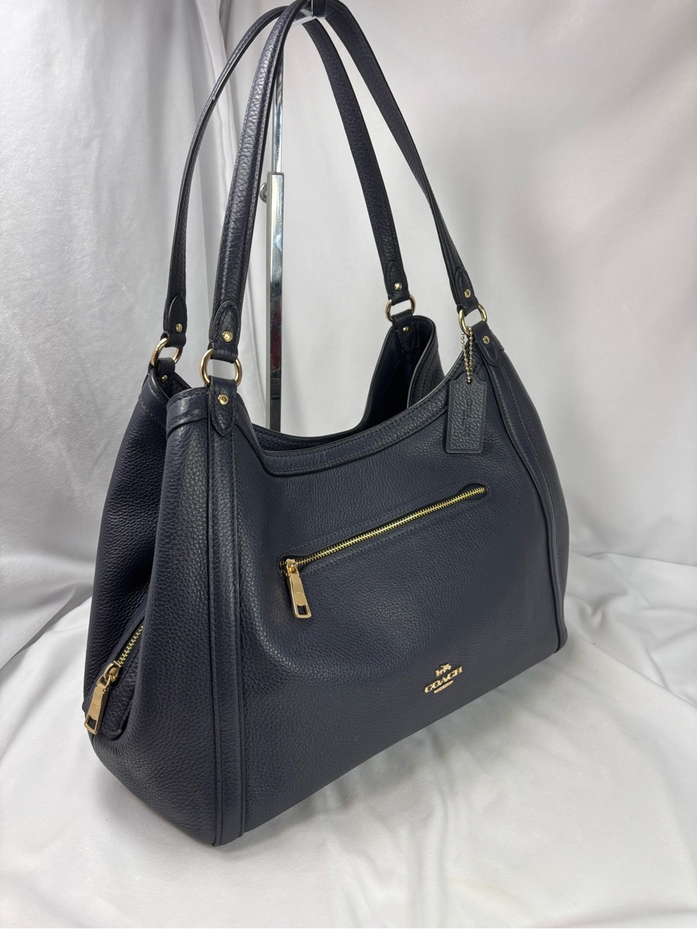 Coach Kristy Shoulder Bag Navy Pebbled Leather Gold Hardware Tote Purse - Picture 8 of 16